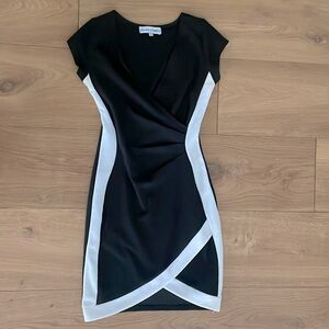 Black dress/White trim with rouged waist, V neck. Lightweight and adorable.